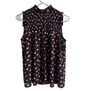 MAEVE by Anthropolgie Navy & Orange Polka-Dotted Ruffled Sleeveless Sheer Blouse